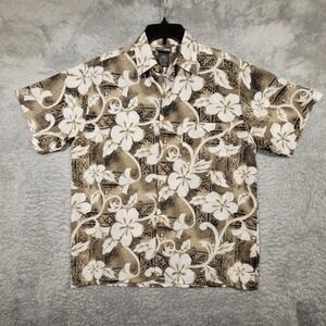 Extreme‎ Gear Hawaiian Shirt Mens Medium Floral Beige Short Sleeve Aloha